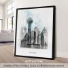 Art print of a cityscape featuring the Dallas skyline with prominent buildings and the Dallas Tower.