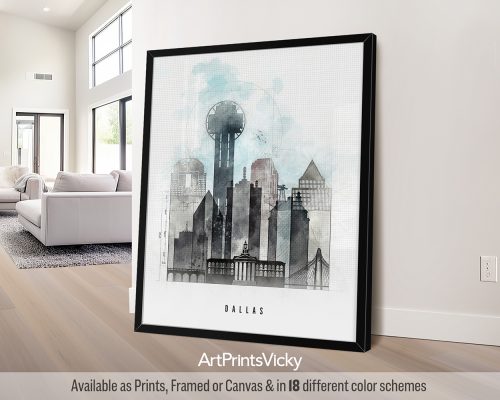 Dallas cityscape with iconic buildings, landmarks, and modern architecture in an architectural Urban 1 style with bold lines, by ArtPrintsVicky.