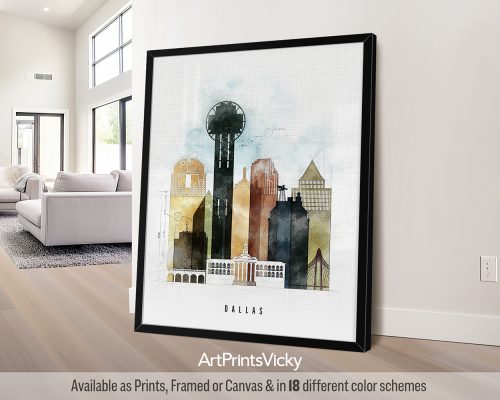 Dallas skyline featuring iconic landmarks and skyscrapers in a bold, geometric Urban 2 style with vibrant colors, by ArtPrintsVicky.