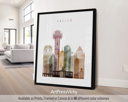 Dallas Skyline Poster in Warm Watercolors by ArtPrintsVicky