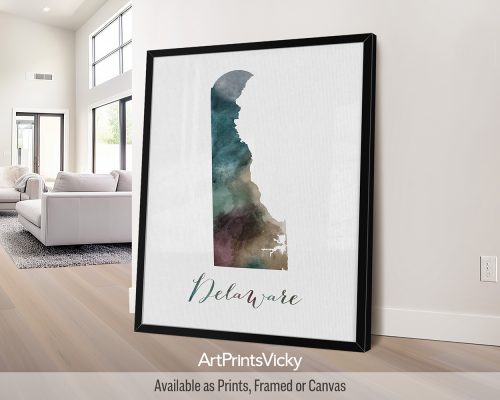 Delaware watercolor map poster with handwritten title by ArtPrintsVicky