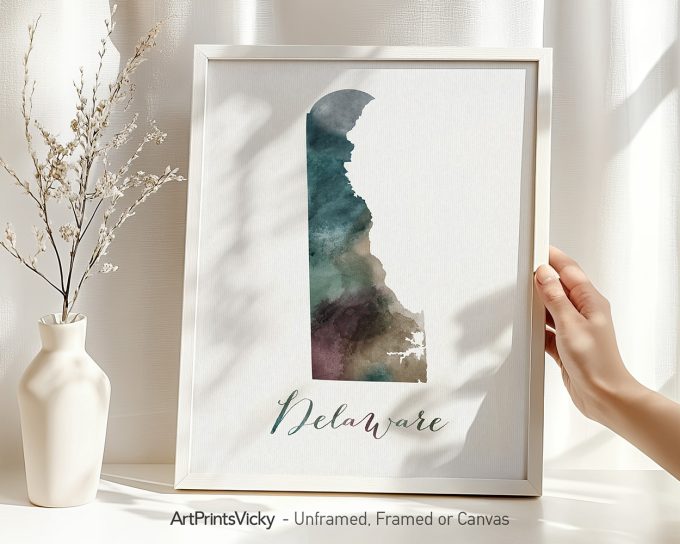 Art print of the state of Delaware in watercolor style with the name 'Delaware' below it.