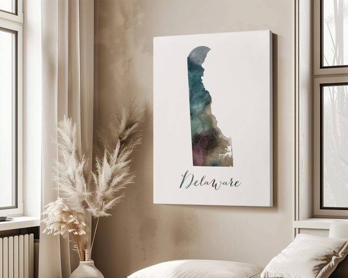 Artistic representation of the state of Delaware in watercolor style with the name 'Delaware' at the bottom.