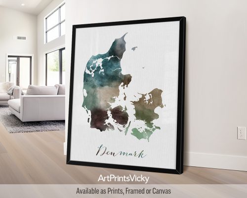 Denmark watercolor map poster with handwritten title by ArtPrintsVicky