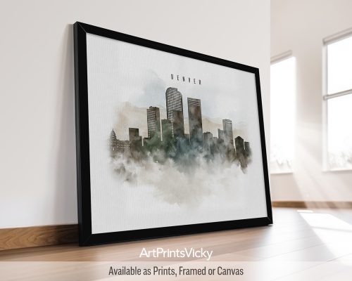 Minimalist Denver cityscape art print featuring iconic landmarks, the vibrant cityscape, and the Rocky Mountains in a soft watercolor painting style, by ArtPrintsVicky.