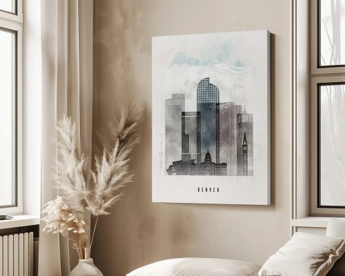 Artistic representation of Denver's skyline with buildings and clouds in a muted color palette.