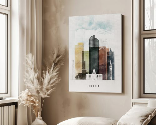 Artistic representation of Denver city skyline with various buildings and a light color palette.