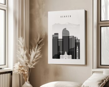 Black and white illustration of Denver's skyline with mountains in the background and the word 'DENVER' at the top.