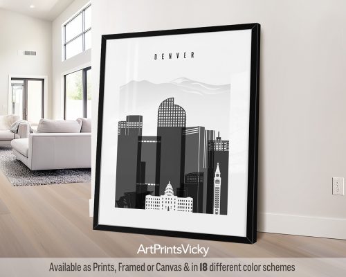 Black and white Denver skyline art print by ArtPrintsVicky