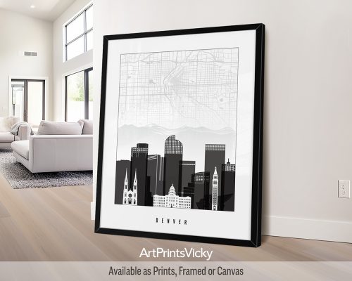 Black and white Denver print featuring a city map with the Denver skyline. Perfect for any Denver enthusiast by ArtPrintsVicky.