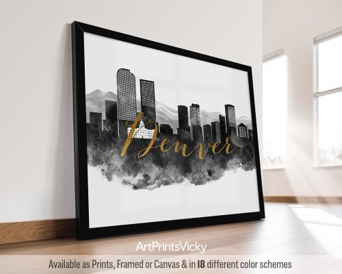 Black and white Denver city print with faux gold "Denver" title by ArtPrintsVicky