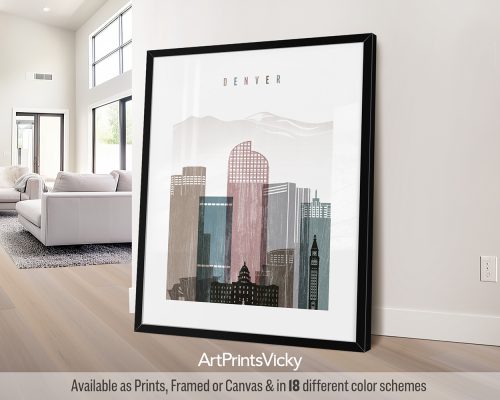 Denver art print featuring a subtly distressed texture and a city skyline by ArtPrintsVicky