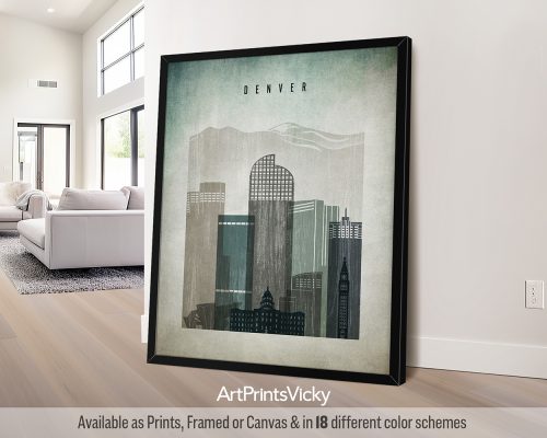 Distressed Denver skyline poster with a vintage, gritty texture by ArtPrintsVicky