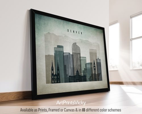 Denver landscape skyline featuring the Rocky Mountains, iconic skyscrapers, and the vibrant cityscape in a textured and vintage Distressed 3 style, by ArtPrintsVicky.