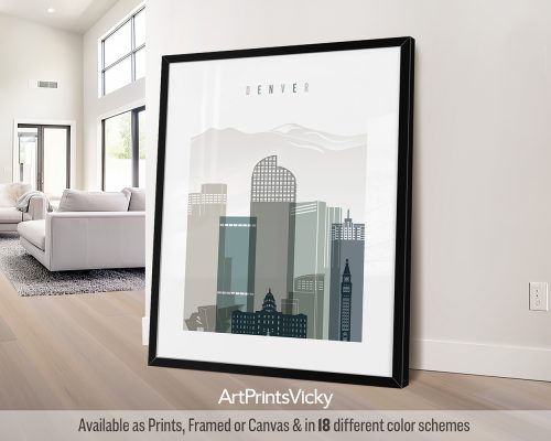 Denver minimalist city print in cool Earth Tones 4 style. Features a modern skyline and the outline of the Rocky Mountains by ArtPrintsVicky