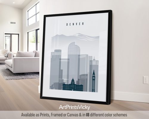 Denver city poster in minimalist Grey Blue style by ArtPrintsVicky