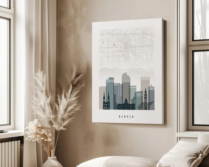 Map of Denver featuring a skyline illustration and street layout in a minimalist design.