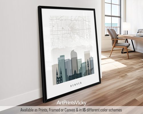 Denver poster in cool "Earth Tones 4" featuring a city map and iconic skyline with a mountain backdrop by ArtPrintsVicky.