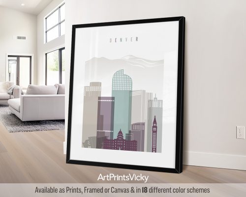Denver wall art print featuring iconic landmarks and the Rocky Mountains in a cool and sophisticated Pastel 2 style, by ArtPrints Vicky.
