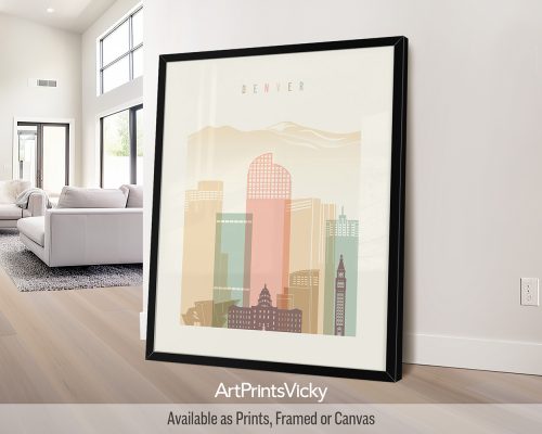 Denver city skyline print in a warm Pastel Cream color theme by ArtPrintsVicky