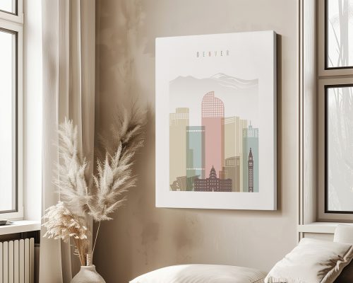 Stylized illustration of Denver's skyline with various building shapes and colors.