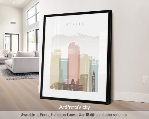 Pastel white Denver city skyline poster featuring Denver Art Museum, and Rocky Mountains by ArtPrintsVicky