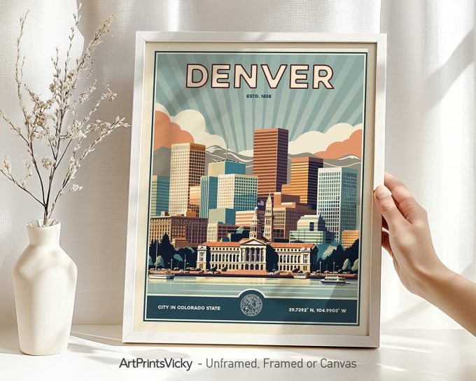 Framed print of Denver city skyline with stylized buildings and sunburst design.