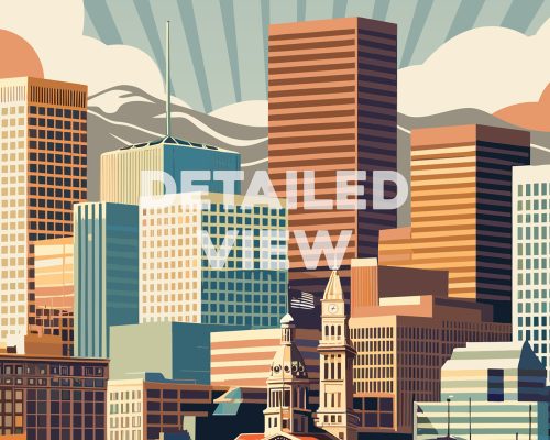 Illustration of Denver cityscape featuring tall buildings and mountains in the background.