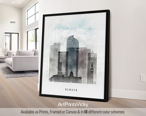 Denver skyline in bold, geometric shapes with a minimalist urban 1 style by ArtPrintsVicky.