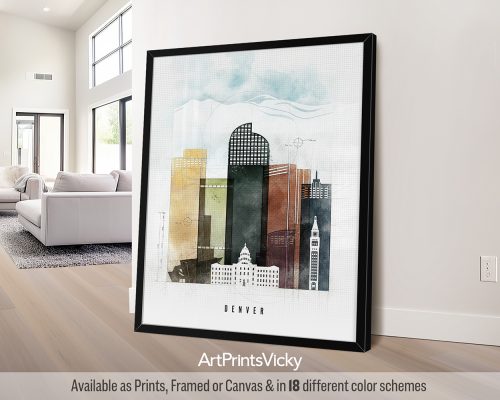 Denver skyline featuring iconic landmarks and Rocky Mountains in a bold, geometric Urban 2 style with vibrant colors, by ArtPrintsVicky.