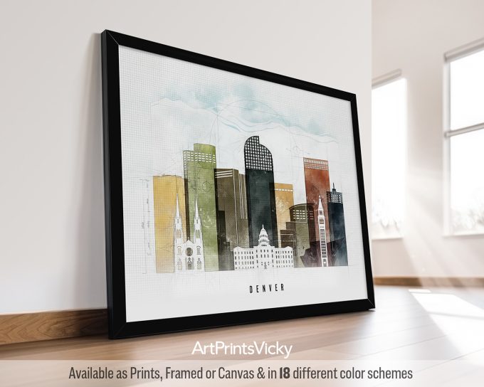 Framed artwork depicting a stylized cityscape of Denver with various buildings and colors.