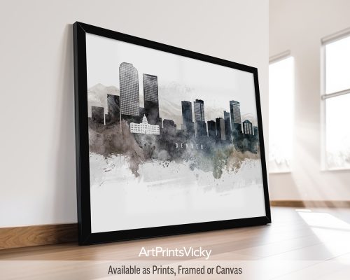 Watercolor art print of the Denver skyline, featuring iconic landmarks with the Rocky Mountains in the background, by ArtPrintsVicky.