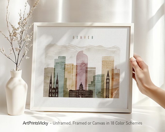 Art print of a stylized Denver cityscape with buildings and mountains in soft colors.