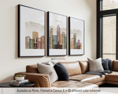 Denver skyline triptych featuring iconic landmarks, the vibrant cityscape, and surrounding landscape in a rich and expressive Watercolor 1 style, divided into three prints. by ArtPrintsVicky.