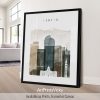 Framed art print of a cityscape featuring Denver's skyline with mountains in the background.