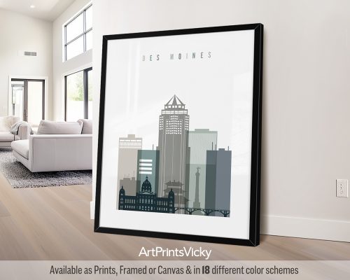 Des Moines minimalist city print in cool Earth Tones 4 style. Features the capitol building by ArtPrintsVicky