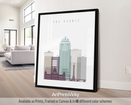 Des Moines Skyline Print | Pastel Charm, Midwest Cityscape by ArtPrintsVicky