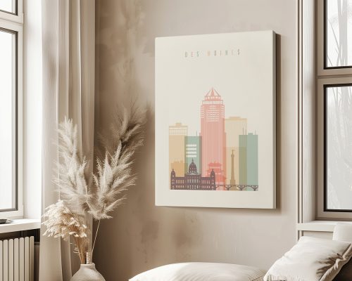 Artistic representation of the Des Moines skyline with various building silhouettes in pastel colors.