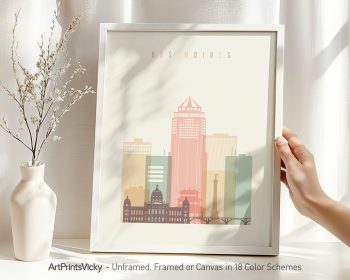 Art print featuring a stylized illustration of the Des Moines skyline with various buildings.