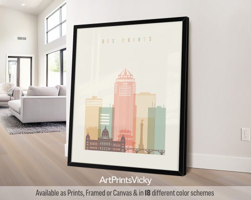 Des Moines city skyline print in a warm Pastel Cream color theme by ArtPrintsVicky