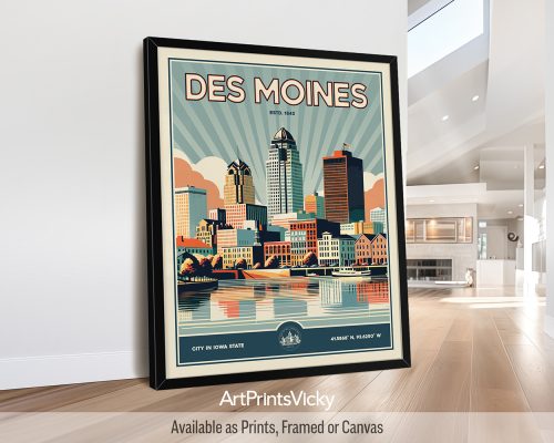 Des Moines Poster Inspired by Retro Travel Art by ArtPrintsVicky