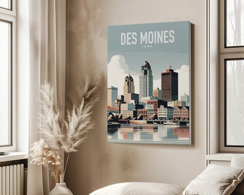 Art print of Des Moines skyline featuring buildings and reflections in water.