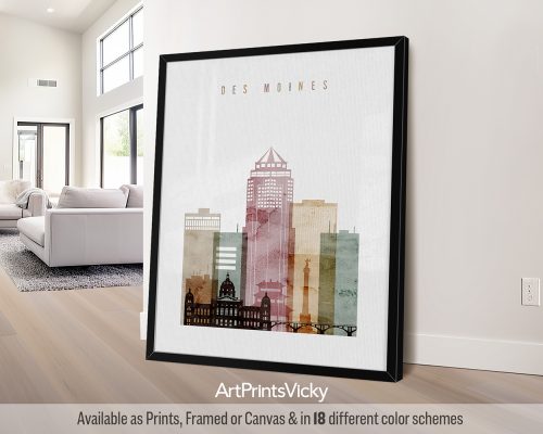 Des Moines Watercolor Poster | Skyline Art for Home or Office by ArtPrintsVicky
