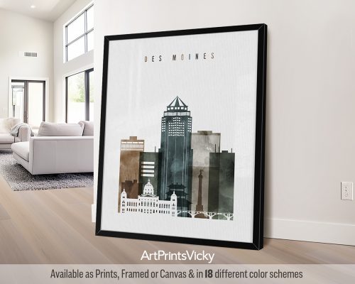 Des Moines Watercolor Art | Earthy Cityscape, Midwest Charm by ArtPrintsVicky