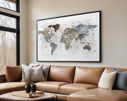 World map artwork featuring earth tones displayed in a modern living room setting.