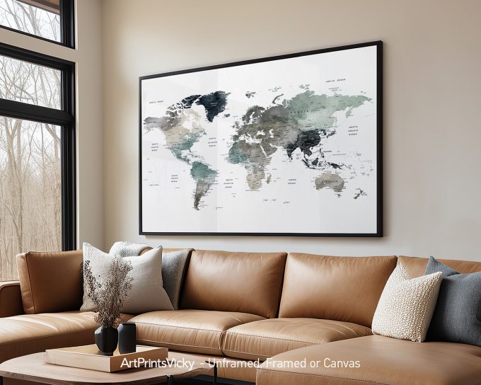 World map artwork featuring earth tones displayed in a modern living room setting.