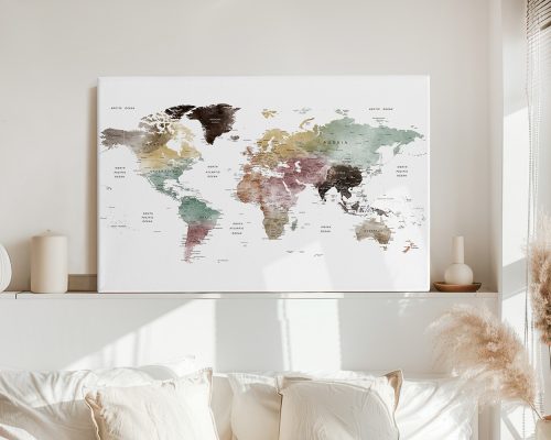 Watercolor map of the world with various colors representing different regions and countries.