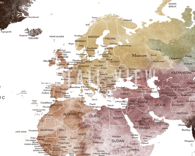 Watercolor map depicting countries in Europe and Asia with geographical labels.