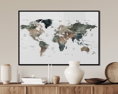 Watercolor world map featuring various shades of green and brown with labeled countries.