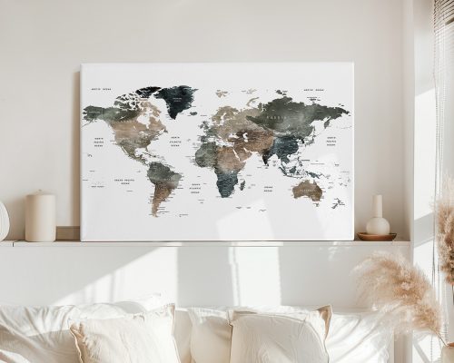 Watercolor world map featuring various countries in muted colors on a white background.